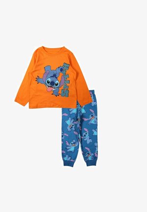 Haut orange à manches longues avec un motif de Stitch ; pantalon bleu avec des motifs répétitifs de Stitch. Les deux sont en tissu de coton doux.