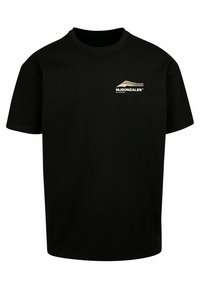 Svart kortärmad t-shirt i bomull med rund halsringning, med en liten guldfärgad logotyp på vänster bröst och en ledig passform.