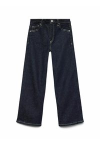 Jean large en denim foncé avec une taille haute, cinq poches, des coutures contrastées et une fermeture à bouton. Texture lisse et design minimaliste.