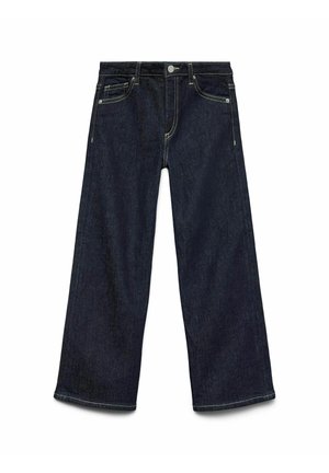 Jean large en denim foncé avec une taille haute, cinq poches, des coutures contrastées et une fermeture à bouton. Texture lisse et design minimaliste.