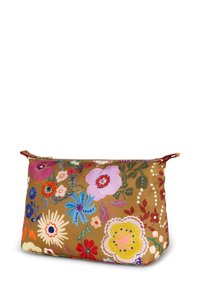 Multikleurige cosmetica tas met bloemenmotief, gemaakt van glanzend materiaal. Voorzien van een ritssluiting en een rechthoekige vorm met levendige bloemenpatronen.