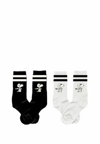 Schwarz-weiß gestreifte Kniestrümpfe mit Snoopy-Design. Das schwarze Paar hat weiße Streifen oben, während das weiße Paar schwarze Streifen hat.