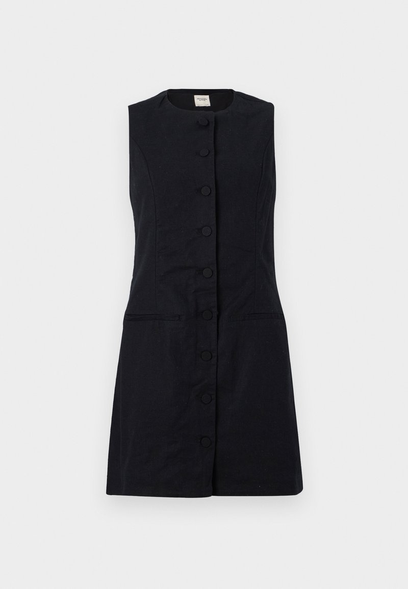 Ärmelloses Kleid aus dunkelblauem Stoff mit Rundhalsausschnitt, Frontknöpfen und zwei seitlichen Taschen. Schlichte, taillierte Silhouette und glatte Textur.