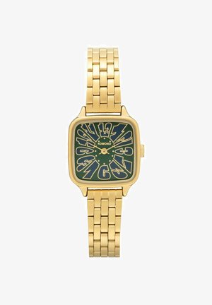 Montre-bracelet en métal doré avec un cadran carré vert présentant de grands chiffres dorés déformés et de petites aiguilles dorées indiquant 10h09.