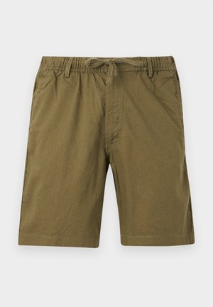 Pantaloncini verde oliva fino al ginocchio con vita elastica, coulisse, passanti per cintura, tasche laterali e orlo cucito.