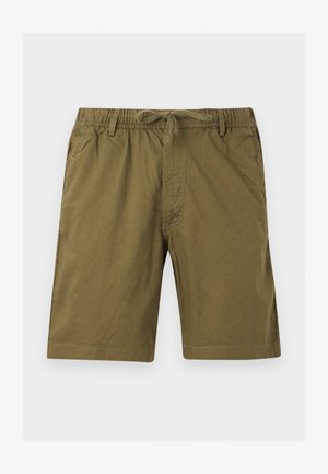 Pantaloncini verde oliva fino al ginocchio con vita elastica, coulisse, passanti per cintura, tasche laterali e orlo cucito.