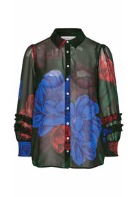 Blusa nera trasparente con motivo floreale blu e rosso, apertura frontale con bottoni, maniche arricciate e colletto. Dettagli in tessuto testurizzato.