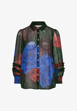 Blusa nera trasparente con motivo floreale blu e rosso, apertura frontale con bottoni, maniche arricciate e colletto. Dettagli in tessuto testurizzato.