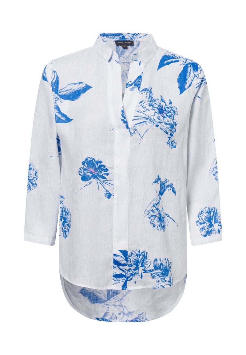 Weißes Leinenhemd mit blauem Blumenmuster, langen Ärmeln, stehendem Kragen und abgerundetem Saum. Verfügt über eine Knopfleiste und entspannte Passform.