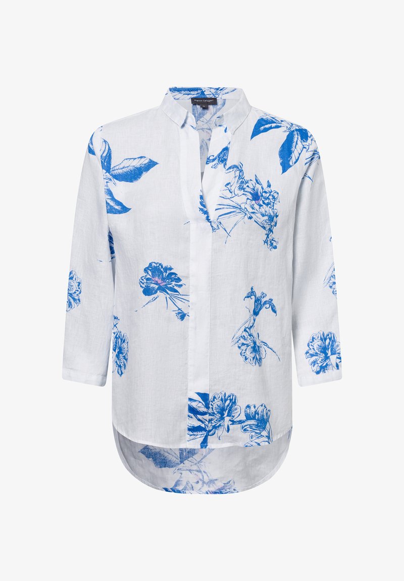 Weißes Leinenhemd mit blauem Blumenmuster, langen Ärmeln, stehendem Kragen und abgerundetem Saum. Verfügt über eine Knopfleiste und entspannte Passform.