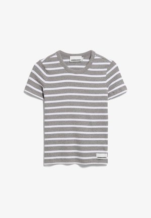 Graues und weiß gestreiftes T-Shirt mit kurzen Ärmeln, Rundhalsausschnitt sowie ARMEDANGELS-Markenlabel am Kragen und Saum.