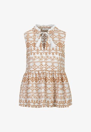 Mouwloze witte blouse met ruches aan de kraag, bruine bloem- en geometrische borduursels, en een voorzak met tassel detail.