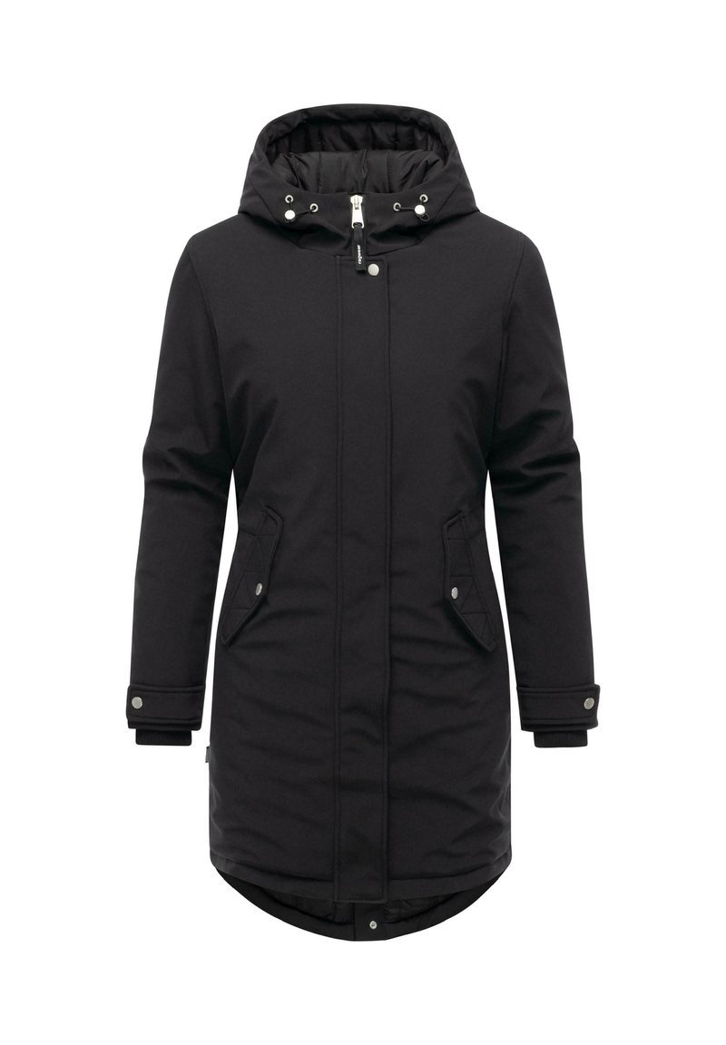 Black insulated parka coat with a zip closure, two front pockets, adjustable hood, ribbed cuffs, and a slightly curved hem.