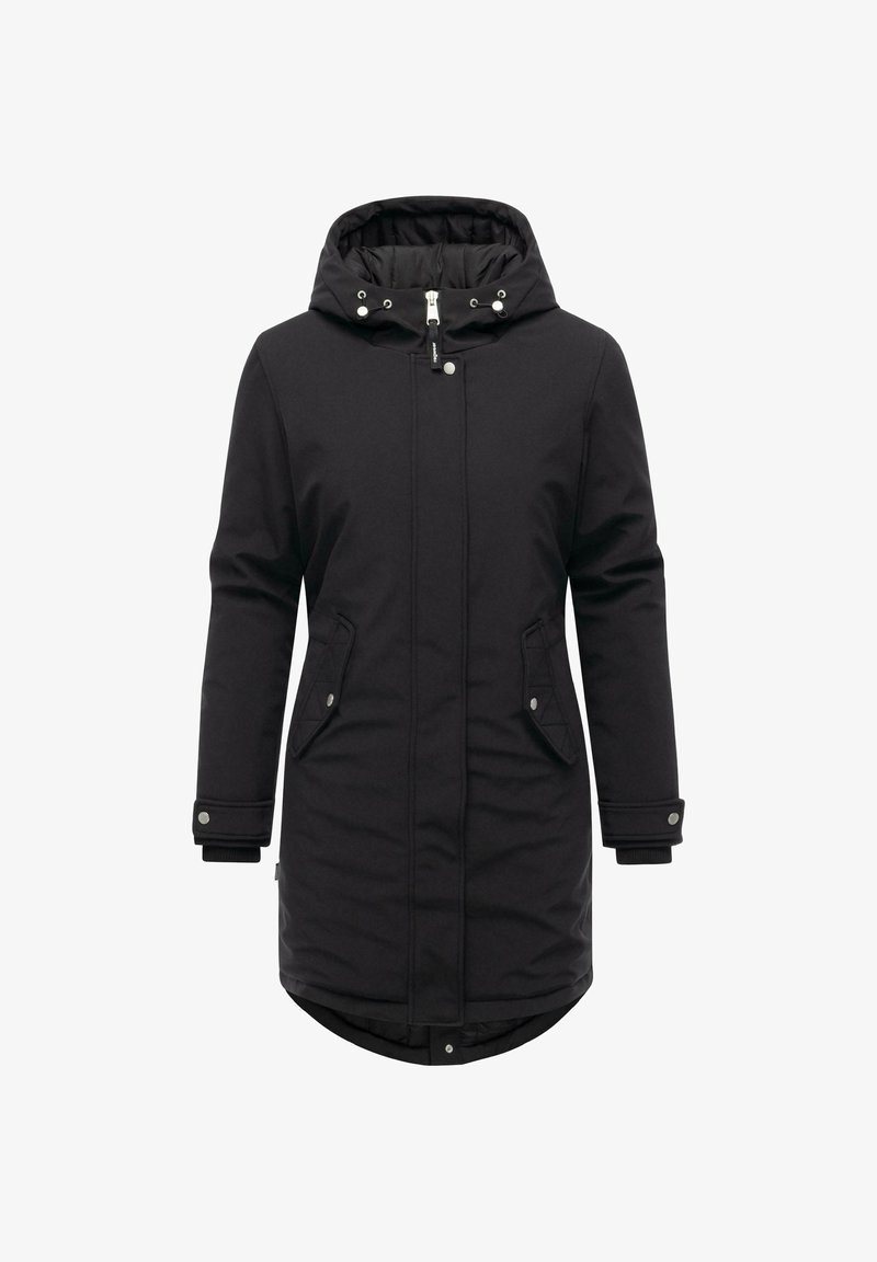 Black insulated parka coat with a zip closure, two front pockets, adjustable hood, ribbed cuffs, and a slightly curved hem.