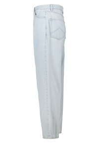 Vaaleansiniset, korkeavyötäröiset farkut, suoran lahkeen leikkauksella. Takana taskut ja ommeltuja yksityiskohtia taskuissa. Valmistettu denimistä.