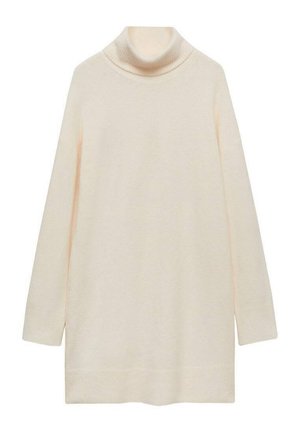 Cream turtleneck sweater, long sleeves, soft texture, slightly loose fit, curved hem, no patterns or accents. Fabric appears lightweight.
