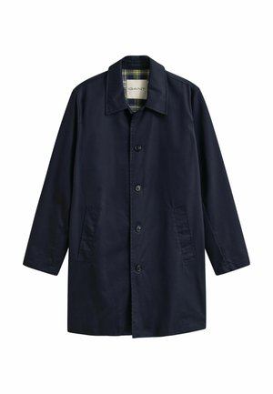 Marineblauer Mantel mit einreihiger Knopfleiste, vier Knöpfen, Seitentaschen, klassischem Kragen und kariertem Innenfutter.