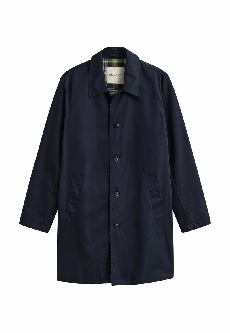 Marineblauer Mantel mit einreihiger Knopfleiste, vier Knöpfen, Seitentaschen, klassischem Kragen und kariertem Innenfutter.