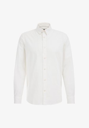 Camicia bianca a maniche lunghe realizzata in tessuto leggero, con colletto a punta, apertura con bottoni e polsini affusolati con chiusura a bottoni.