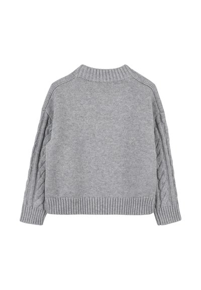 Pull en tricot gris avec un col et un ourlet côtelés, orné de détails en tricot torsadé sur les manches. Texture douce, design court.