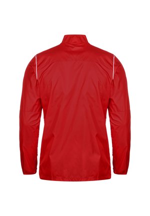 Rode lichtgewicht jas met een staande kraag, lange mouwen, elastische manchetten en reflecterende witte accenten langs de schouders.