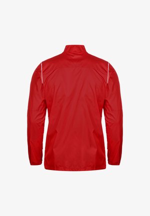 Rode lichtgewicht jas met een staande kraag, lange mouwen, elastische manchetten en reflecterende witte accenten langs de schouders.