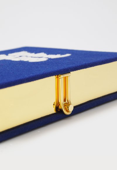 Blue fabric-covered book with a gold metallic clasp, featuring a smooth texture, rounded edges, and a prominent white pattern on the cover.