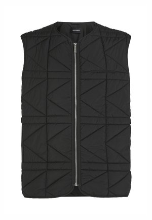 Veste sans manches matelassée noire avec fermeture éclair à l'avant, motif en losanges et logo ton sur ton. Confectionnée dans un tissu léger et texturé.