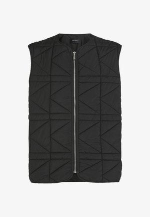 Chaleco sin mangas negro acolchado con cremallera frontal, diseño de rombos y marca tonal. Confeccionado con una tela ligera y texturizada.