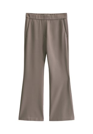 Φαρδιά παντελόνια σε χρώμα ταμπά με ελαστική μέση και εμπρόσθιες τσέπες, κατασκευασμένα από μεταξένιο ύφασμα, απλωμένα επίπεδα σε λευκό φόντο.