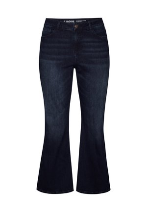 Donker gewassen flare jeans van denim, met vijf zakken, knoopsluiting en een gladde textuur. Klassiek model met een wijdere pijp.