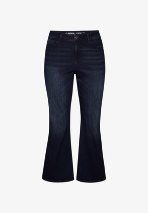 Donker gewassen flare jeans van denim, met vijf zakken, knoopsluiting en een gladde textuur. Klassiek model met een wijdere pijp.