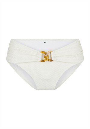 Parte inferiore di bikini bianco a vita alta con tessuto testurizzato, design frontale attorcigliato e grande dettaglio in metallo color ambra al centro.