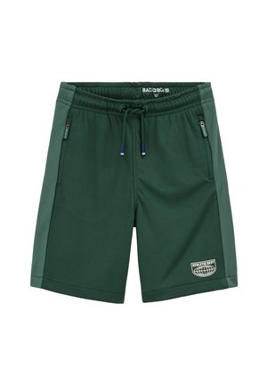 Shorts de sport vert foncé avec taille à cordon de serrage, poches latérales zippées, et logo "Athletic Dept" près de l'ourlet sur la jambe gauche.