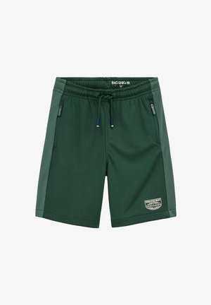 Donkergroene sportshorts met een trekkoord in de taille, ritssluitingen aan de zijkanten en het logo "Athletic Dept" vlak bij de zoom op het linkerpijpje.