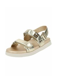 Metallisk gullsandal med to justerbare stropper, en glatt tekstur og en hvit gummisåle. Har en liten metallisk spenne som detalj.