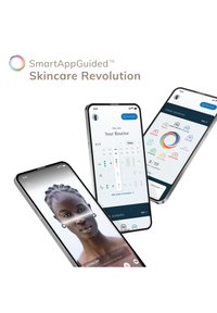 Trois smartphones affichent une application de soins de la peau avec un scan du visage, un calendrier de routine de soins et des options de séances de traitement pour un suivi personnalisé.