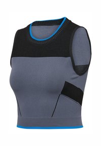 Grijze sportieve crop top met zwarte en blauwe accenten, textuurmateriaal, ronde hals en mouwloos ontwerp met geometrische patronen.