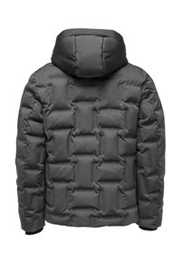 Puffer jacket in dark gray with a quilted design. It features a hood, elastic cuffs, and a smooth, textured exterior.