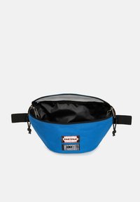 Borse a fanny pack blu in tela con interno nero, dotate di chiusura con cerniera e due etichette identificative sul davanti. Cinghia regolabile inclusa.