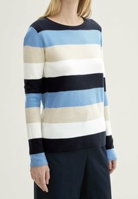 Randig stickad tröja med växlande band av ljus och mörkblå, beige, vit och marinblå. Rund halsringning och långa ärmar.