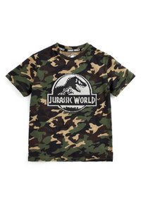 Zelené maskáčové bavlněné tričko s kulatým výst�řihem a černobílým logem Jurassic World na středu.