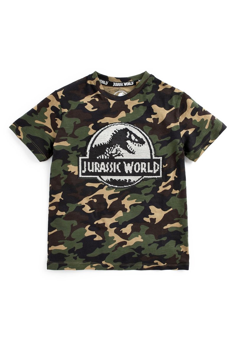 Zelené maskáčové bavlněné tričko s kulatým výstřihem a černobílým logem Jurassic World na středu.