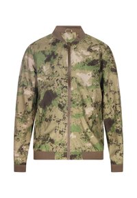 Kamouflage-mönstrad bomberjacka i nyanser av grön och brun, med dragkedja, ribbad krage och manschetter. Tillverkad av ett lättviktsmaterial.