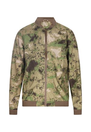 Camo-print bomberjack in tinten van groen en bruin, met een ritsluiting, ribgebreide kraag en manchetten. Gemaakt van een lichte stof.
