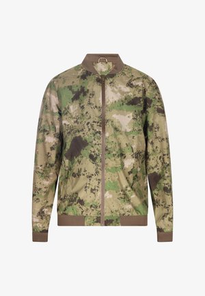 Bomberjacke mit Camouflage-Muster in Grüntönen und Braun, mit Reißverschluss, geripptem Kragen und Bündchen. Hergestellt aus einem leichten Stoff.