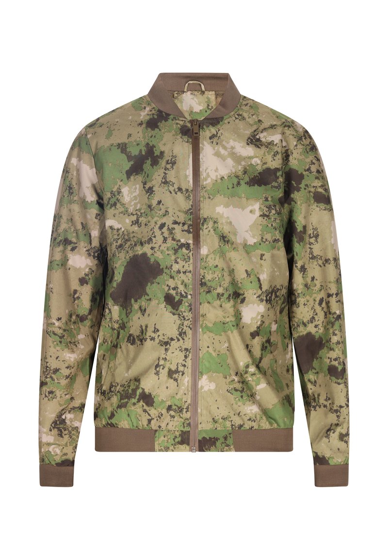 Kamouflage-mönstrad bomberjacka i nyanser av grön och brun, med dragkedja, ribbad krage och manschetter. Tillverkad av ett lättviktsmaterial.