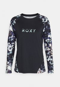 Musta pitkähiuksinen paita, jossa on kukkakuosiset hihat. Edessä näkyy "ROXY"-logo vaaleansinisellä. Valmistettu sileästä, joustavasta kankaasta.