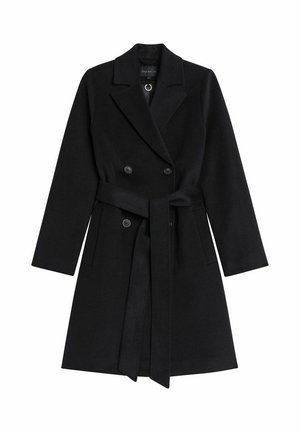 Zwarte wollen blend dubbele-breasted jas met een ceintuur, geknipte kraag en twee voorzakken. Gladde textuur en stijlvolle snit.