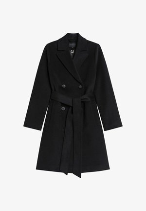 Black wool blend double-breasted coat with a belted waist, notched collar, and two front pockets. Smooth texture and tailored design.